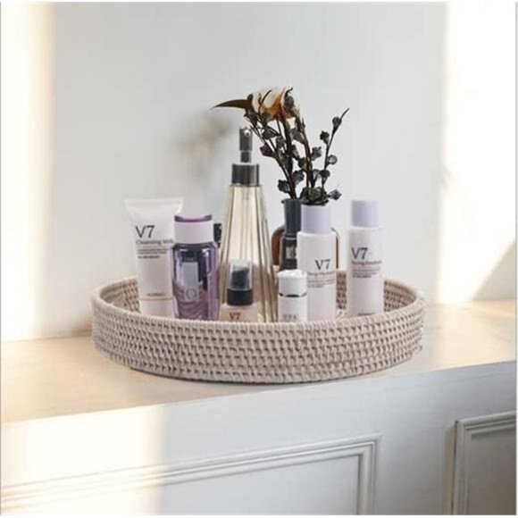 11.8 inch Round Rattan Tray,Ottoman Tray,Woven Serving Tray with Cut-Out Handles - Picture 5 of 7